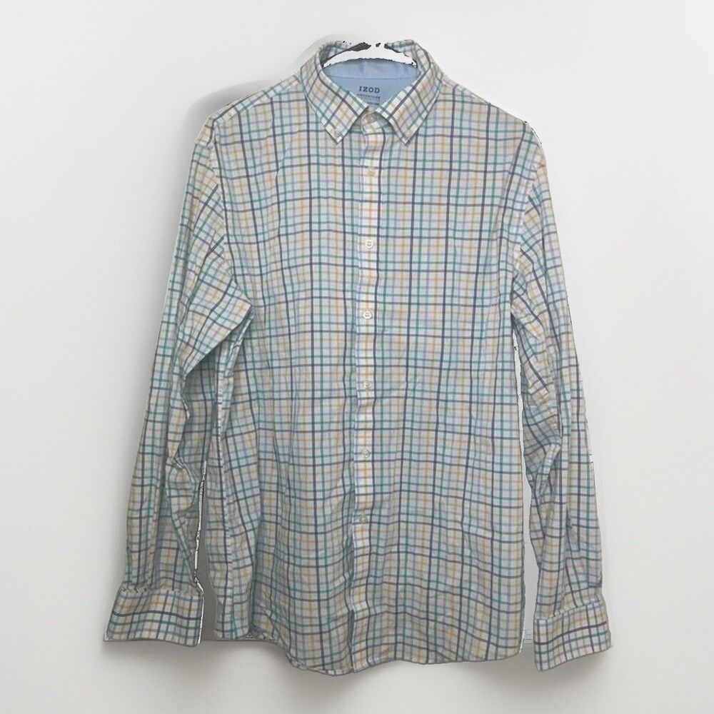IZOD Advantage Performance Shirt Men's Large Slim Fit Plaid Long Sleeve